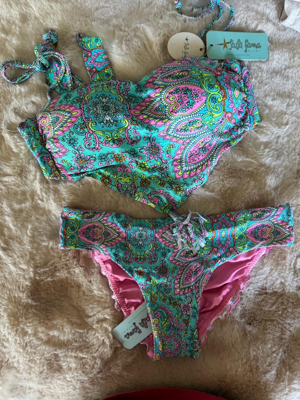 Luli Fama Turquoise Pink Paisley Bikini Top